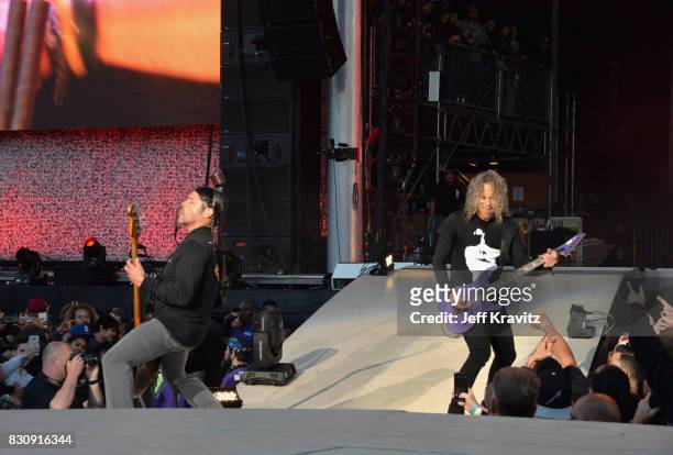 Robert Trujillo and Kirk Hammett of Metallica perform on Lands End stage during the 2017 Outside Lands Music And Arts Festival at Golden Gate Park on...