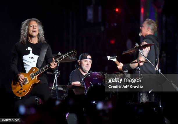 Kirk Hammett, Lars Ulrich and James Hetfield of Metallica perform on Lands End stage during the 2017 Outside Lands Music And Arts Festival at Golden...