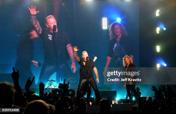 James Hetfield and Kirk Hammett of Metallica perform on Lands End stage during the 2017 Outside Lands Music And Arts Festival at Golden Gate Park on...