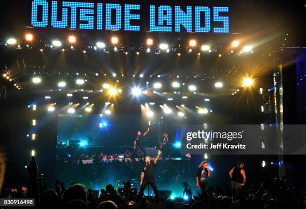 James Hetfield, Kirk Hammett and Robert Trujillo of Metallica perform on Lands End stage during the 2017 Outside Lands Music And Arts Festival at...