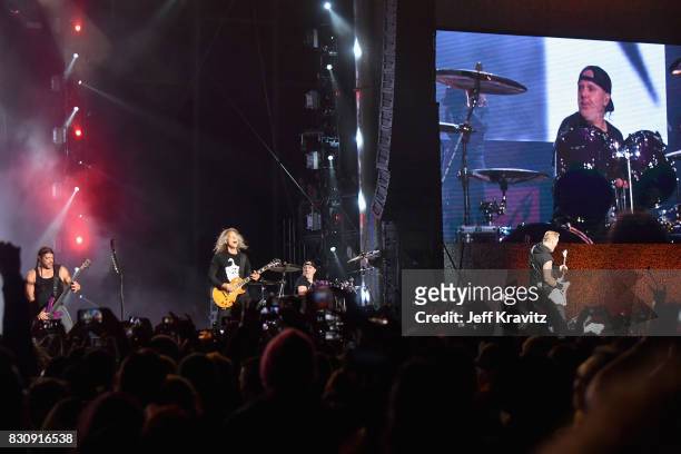 Robert Trujillo, Kirk Hammett, Lars Ulrich and James Hetfield of Metallica perform on Lands End stage during the 2017 Outside Lands Music And Arts...