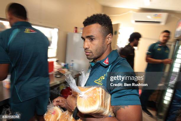 Players help out in the canteen during an Australian Wallabies fan day at Penrith Rugby Park on August 13, 2017 in Penrith, Australia.