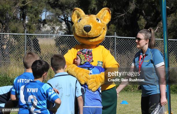 Fans with the mascot during an Australian Wallabies fan day on August 13, 2017 in Penrith, Australia.
