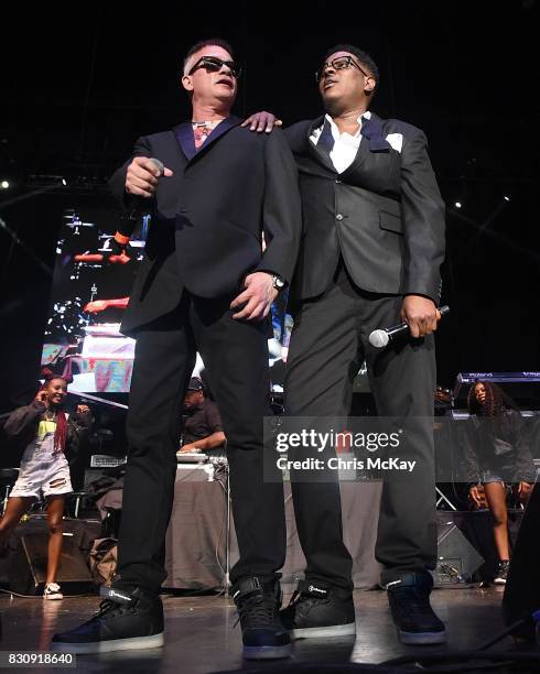 Christopher "Kid" Reid and Christopher "Play" Martin of Kid N Play perform during the KISS 104.1 Flashback Festival at Lakewood Amphitheatre on...