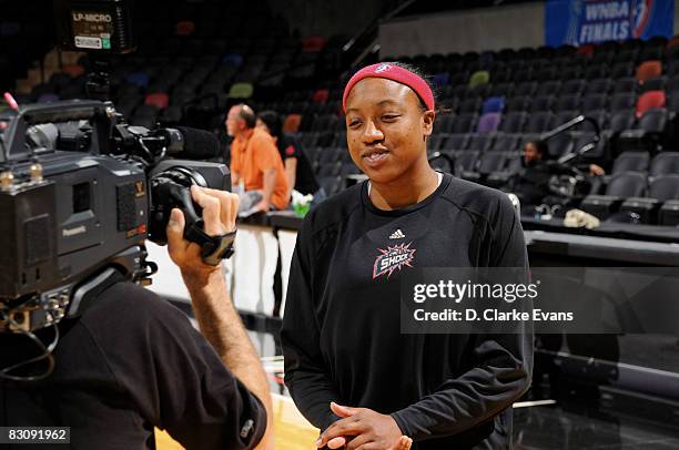 Alexis Hornbuckle of the Detroit Shock speaks to the media during media availability after Game One of the WNBA Finals on October 2, 2008 at AT&T...