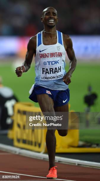 Mohamed Farah of Great Britain, compete in the 5000 meter final in London at the 2017 IAAF World Championships athletics.