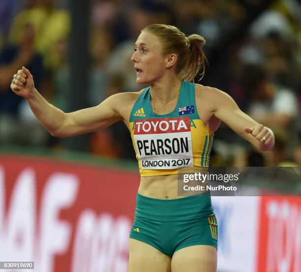 Gold medal winner Sally Pearson of Australia, celebrating in the 100 meter hurdles final in London at the 2017 IAAF World Championships athletics.