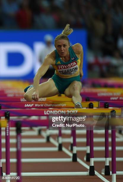 Gold medal winner Sally Pearson of Australia, compete in the 100 meter hurdles final in London at the 2017 IAAF World Championships athletics.