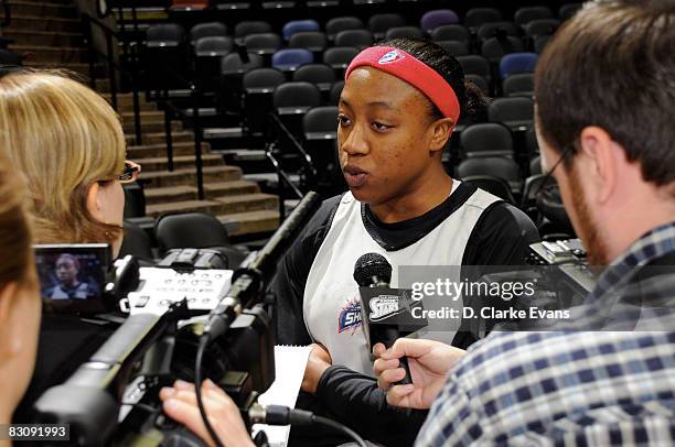 Alexis Hornbuckle of the Detroit Shock speaks to the media during media availability after Game One of the WNBA Finals on October 2, 2008 at AT&T...