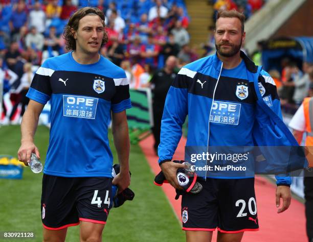 Huddersfield Town's Michael Hefele and Huddersfield Town's Laurent Depoitre during Premier League match between Crystal Palace and Huddersfield Town...