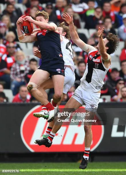 Mitch Hannan of the Demons marks during the round 21 AFL match between the Melbourne Demons and the St Kilda Saints at Melbourne Cricket Ground on...