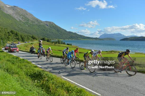 The breakaway of eight riders during the third stage, the 185.5km from Lyngseidet to Finnvikdalen , during the Arctic Race of Norway 2017. On...