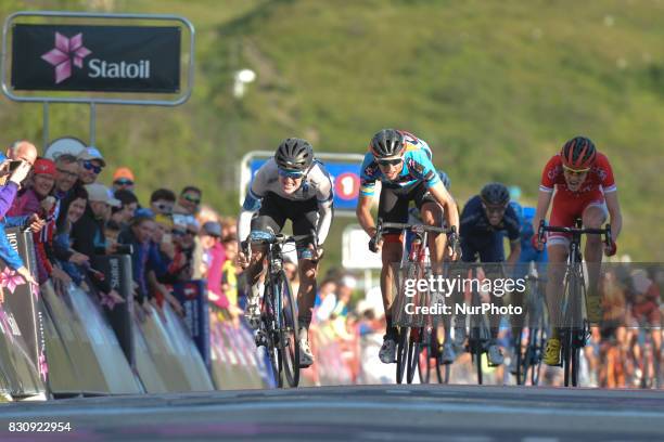 August Jensen of Norway riding for Team Coop-Oster Hus and Dylan Teuns of Belgium from BMC Racing Team wins the third stage, the 185.5km from...