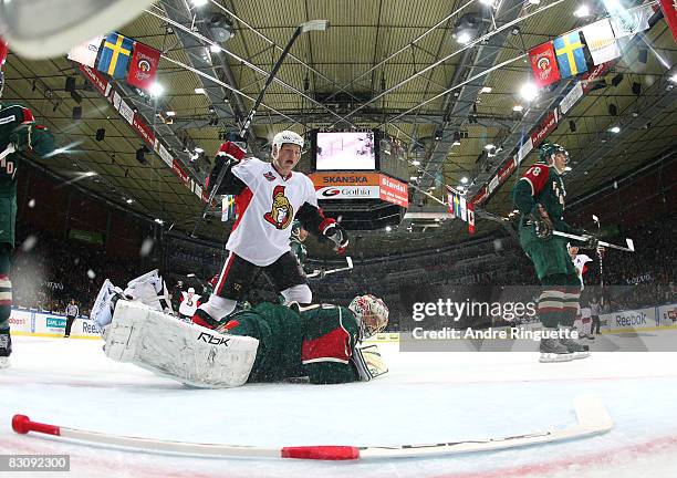 Chris Neil of the Ottawa Senators celebrates a first period goal against Ari Ahonen of the Frolunda Indians at Scandinavium Arena on October 2, 2008...