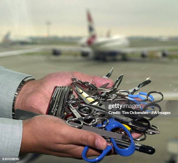 Just some of the 15,000 sharp objects which are confiscated every day from hand luggage at airports in the South East. *Despite warnings urging...