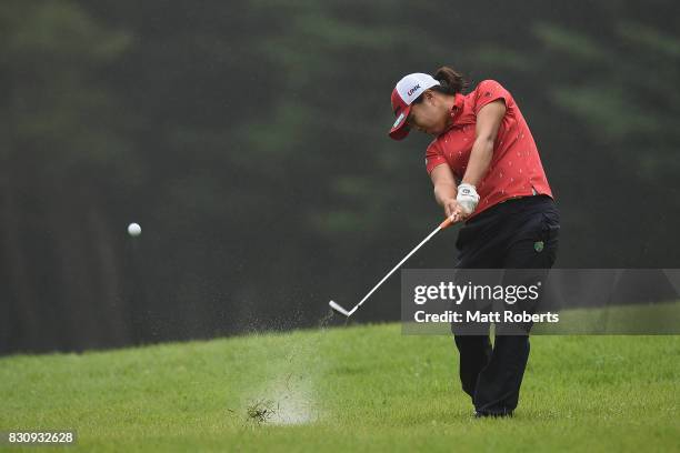 Saki Nagamine of Japan hits her second shot on the 1st holeduring the final round of the NEC Karuizawa 72 Golf Tournament 2017 at the Karuizawa 72...