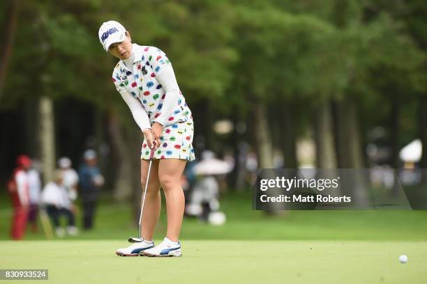 Ritsuko Ryu of Japan putts on the first green during the final round of the NEC Karuizawa 72 Golf Tournament 2017 at the Karuizawa 72 Golf North...