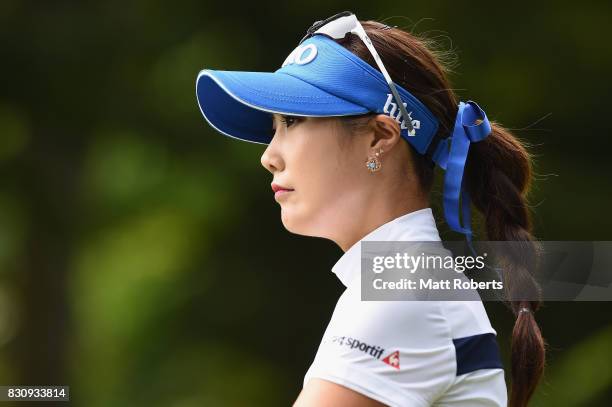 Ha-Neul Kim of South Korea looks on after her tee shot on the 2nd hole during the final round of the NEC Karuizawa 72 Golf Tournament 2017 at the...