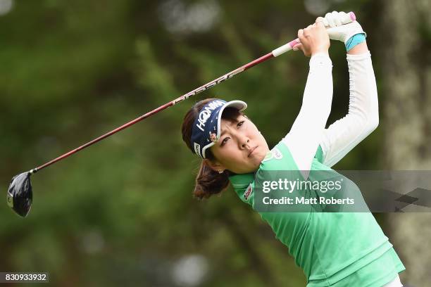 Mami Fukuda of Japan hits her tee shot on the 5th hole during the final round of the NEC Karuizawa 72 Golf Tournament 2017 at the Karuizawa 72 Golf...