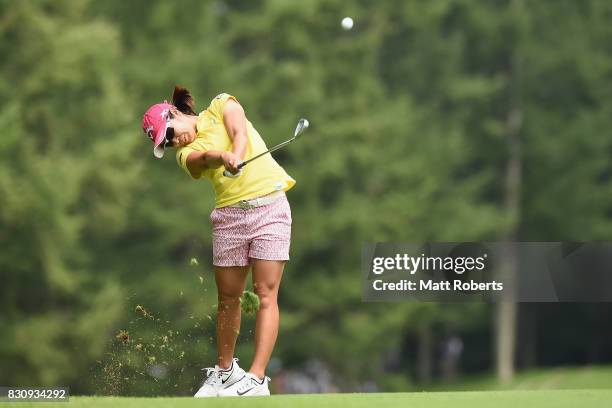 Mamiko Higa hits her second shot on the 14th hole during the final round of the NEC Karuizawa 72 Golf Tournament 2017 at the Karuizawa 72 Golf North...