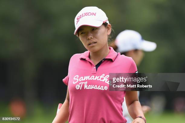 Minami Katsu of Japan looks dejected after her putt on the 18th green during the final round of the NEC Karuizawa 72 Golf Tournament 2017 at the...
