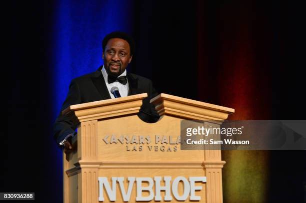 Thomas Hearns speaks as he is inducted into the Nevada Boxing Hall of Fame at the fifth annual induction gala at Caesars Palace on August 12, 2017 in...