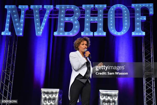 Former boxer and actress Lucia Rijker speaks as she in inducted into the Nevada Boxing Hall of Fame at the fifth annual induction gala at Caesars...