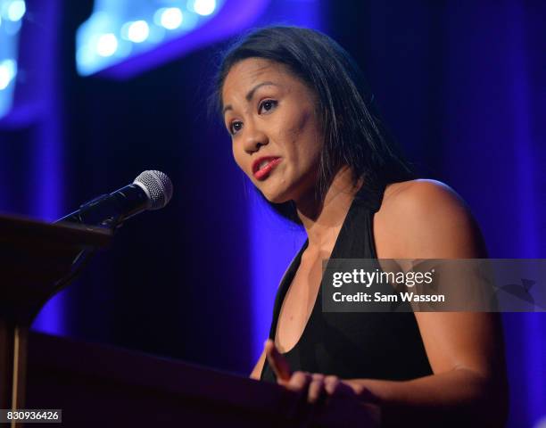 Boxer Ana Julaton introduces Lucia Rijker as she is inducted into the Nevada Boxing Hall of Fame at the fifth annual induction gala at Caesars Palace...