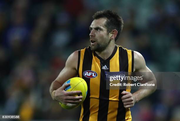 Luke Hodge of the Hawks looks on during the round 21 AFL match between the Hawthorn Hawks and the North Melbourne Kangaroos at University of Tasmania...