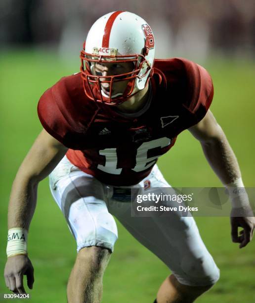 Linebacker Ryan Goodman of the North Carolina State Wolfpack gets set for play at the line of scrimmage in the third quarter of the college football...