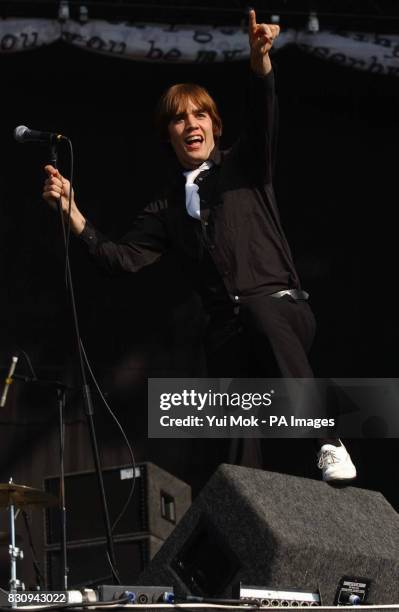 Lead singer of Swedish band, The Hives, Howlin' Pelle, performing on the main stage at the Carling Weekend music festival in Reading, Saturday 24...