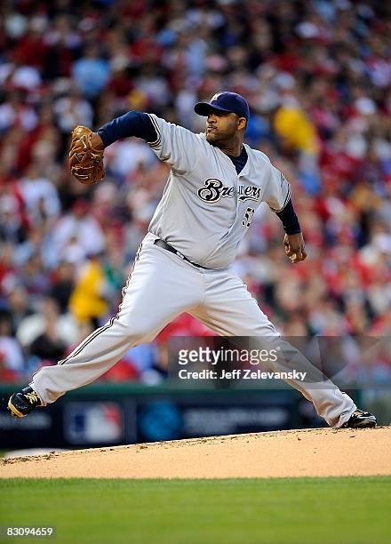 Sabathia of the Milwaukee Brewers delivers in Game 2 of the NLDS Playoff against the Philadelphia Phillies at Citizens Bank Ballpark on October 2,...