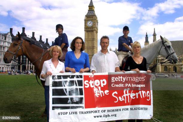 Horsemen Graham Thorner and Emile Faurie with Victoria Alcock, MEP Teresa Villiers, actor Anthony Head and Kika Mirylees during the last leg of...