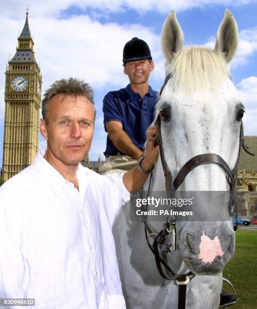 International dressage rider Emile Faurie with actor Anthony Head during the last leg of International League for the Protection of Horses...