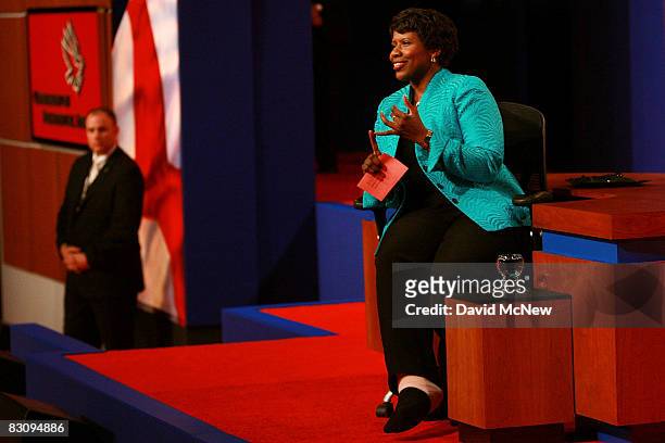 Journalist and debate moderator Gwen Ifill speaks prior to the start of the vice presidential debate at the Field House of Washington University's...
