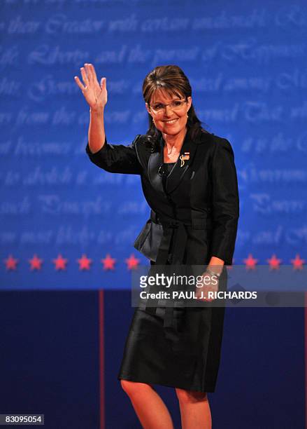 Republican Sarah Palin arrives on stage for her vice presidential debate with Democrat Joseph Biden October 2, 2008 at Washington University in St....