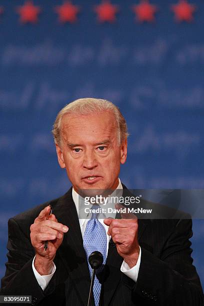 Democratic vice presidential candidate U.S. Senator Joe Biden speaks during the vice presidential debate at the Field House of Washington...