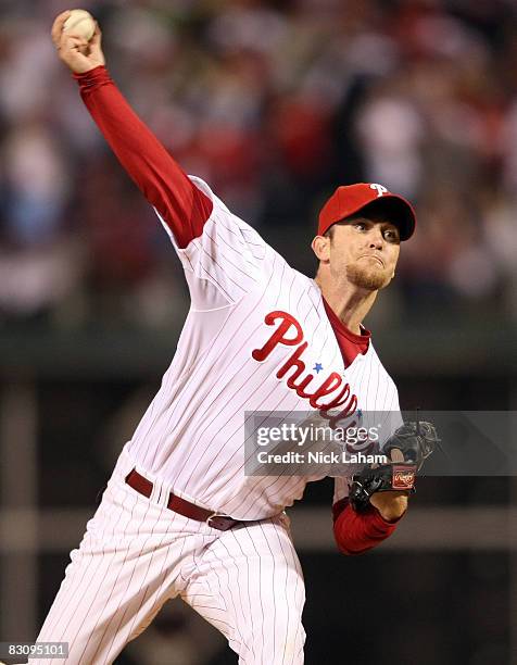 Brad Lidge of the Philadelphia Phillies pitches against the Milwaukee Brewers during Game 2 of the NLDS Playoffs at Citizens Bank Ballpark on October...