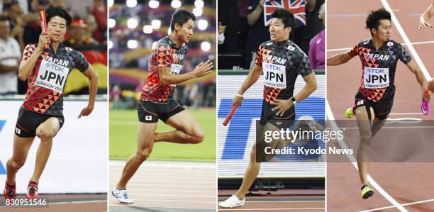 Combined photo shows Japan's Shuhei Tada, Shota Iizuka, Yoshihide Kiryu and Kenji Fujimitsu running for a third-place finish in the men's 4x100-meter...