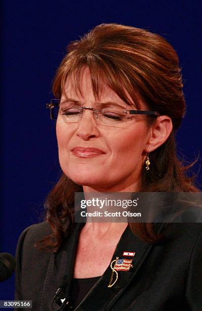 Republican vice presidential candidate Alaska Gov. Sarah Palin speaks during the vice presidential debate at the Field House of Washington...