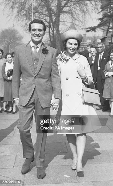 Patrick MacNee and his bride Catherine Woodville step into the sunshine from Hampstead registry office, after their wedding.