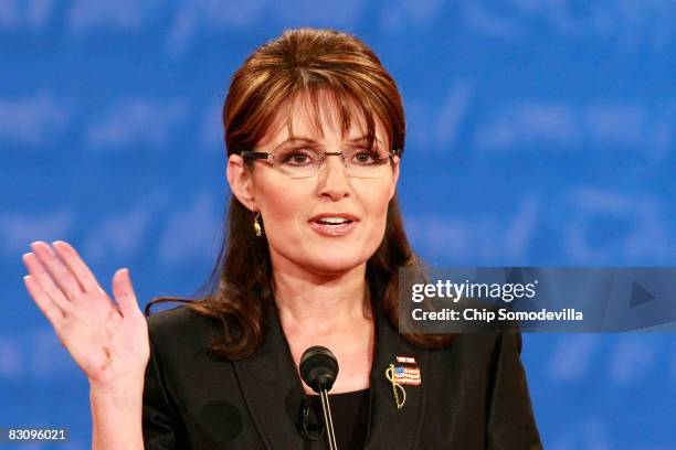 Republican vice presidential candidate Alaska Gov. Sarah Palin speaks during the vice presidential debate at the Field House of Washington...