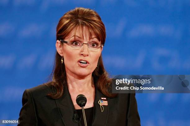 Republican vice presidential candidate Alaska Gov. Sarah Palin speaks during the vice presidential debate at the Field House of Washington...