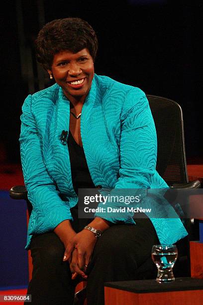 Journalist and debate moderator Gwen Ifill look on after the vice presidential debate at the Field House of Washington University's Athletic Complex...