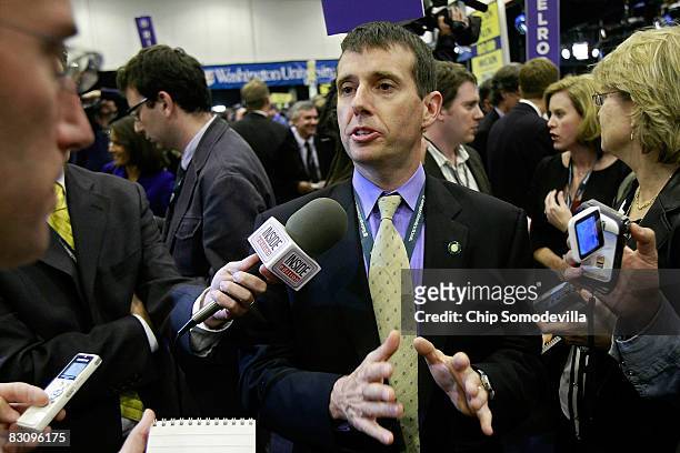 Obama campaign manager David Plouffe speaks to the media in the spin room after the vice presidential debate at the Field House of Washington...