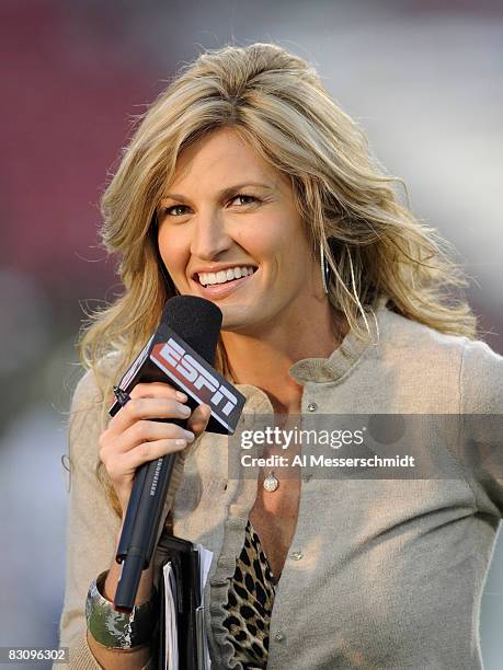 Commentator Erin Andrews reports as the Pittsburgh Panthers upset the University of South Florida Bulls at Raymond James Stadium on October 2, 2008...