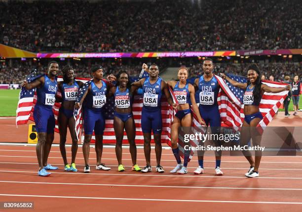 London , United Kingdom - 12 August 2017; Mike Rodgers, Justin Gatlin, BeeJay Lee and Christian Coleman of the United States, silver, from the mens...