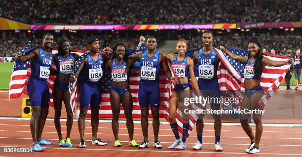 London , United Kingdom - 12 August 2017; Mike Rodgers, Justin Gatlin, BeeJay Lee and Christian Coleman of the United States, silver, from the mens...