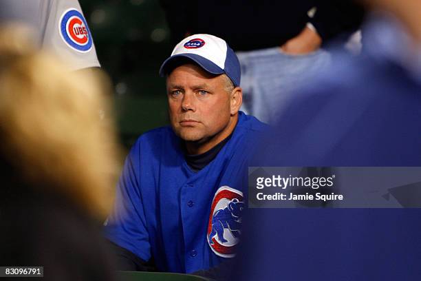 Fan of the Chicago Cubs looks on dejected after the Cubs lost 10-3 against the Los Angeles Dodgers in Game Two of the NLDS during the 2008 MLB...