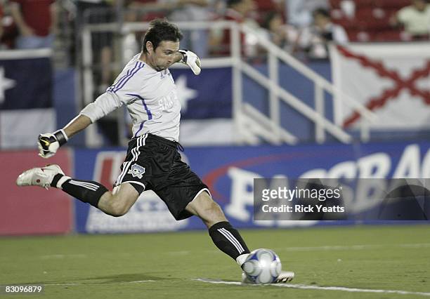 Goal keeper Joe Cannon of the San Jose Earthquakes kicks the ball during the match against the FC Dallas on October 2, 2008 at Pizza Hut Park in...